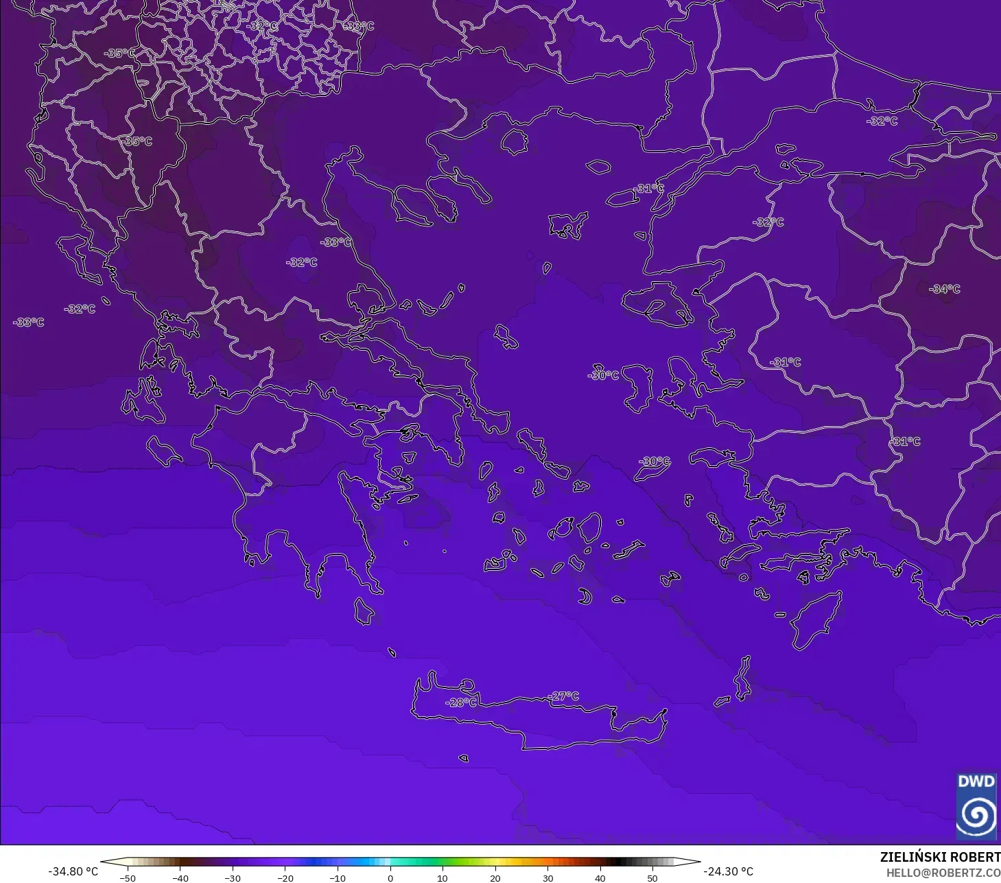 ICON model - Greece, Temperature at 500hPa