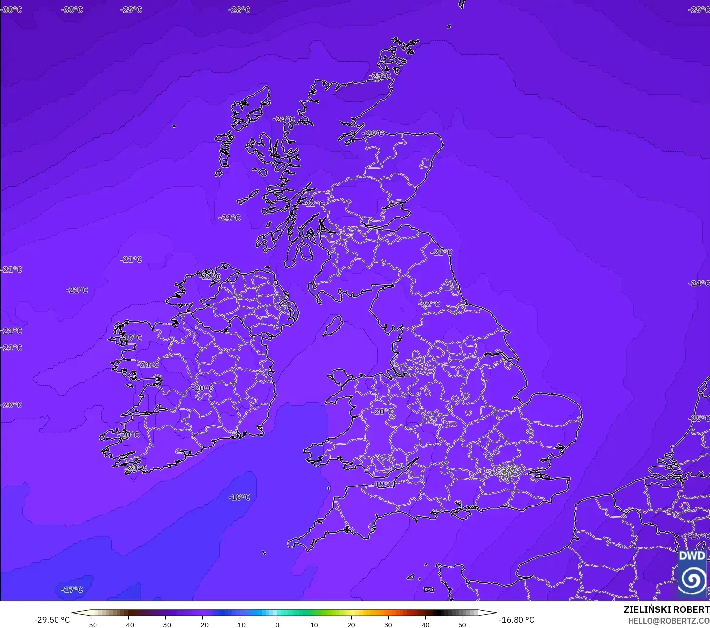ICON model - United Kingdom, Temperature at 500hPa