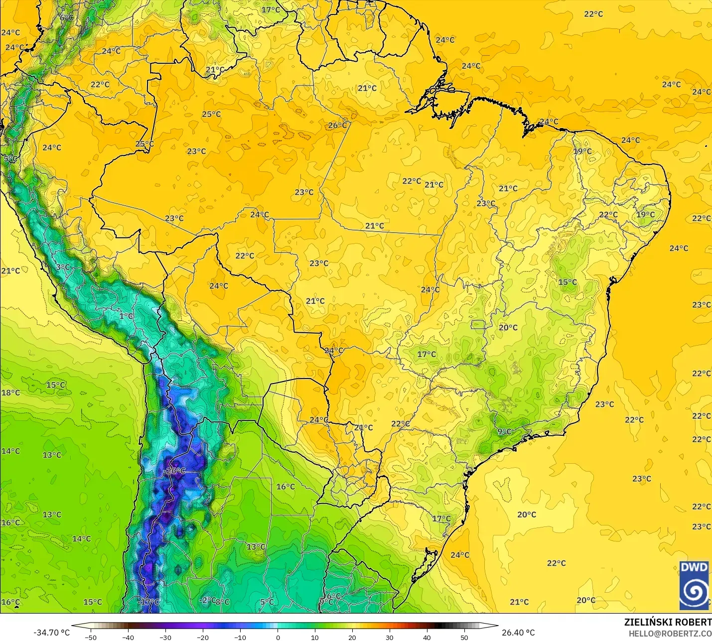 ICON model - Brazil, Dewpoint at 2m
