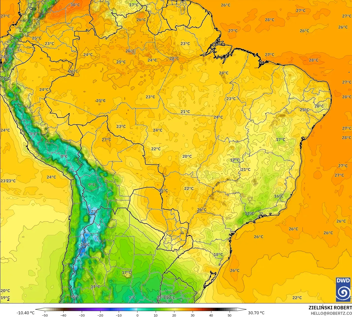 ICON model - Brazil, Temperature at 2m