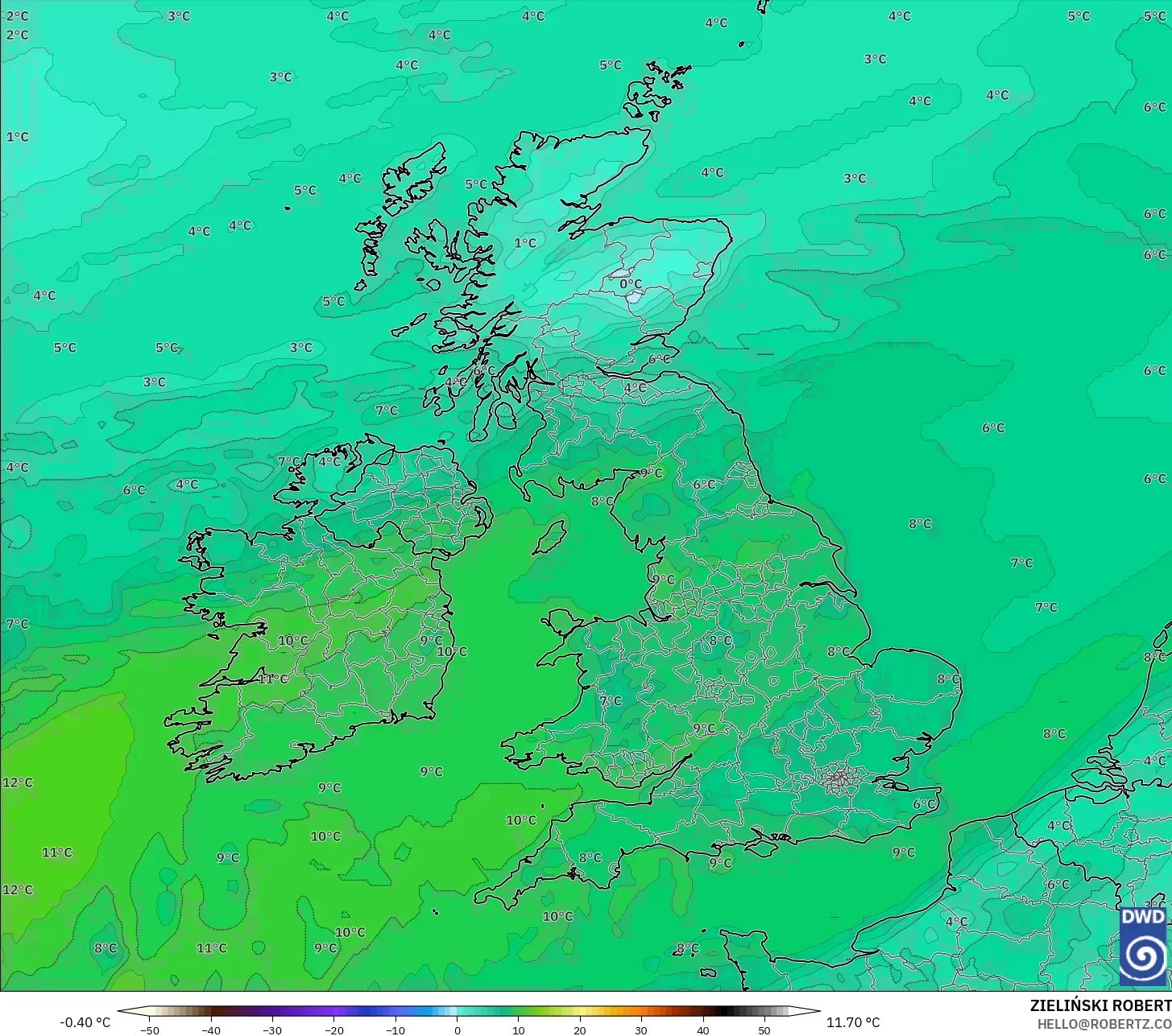 ICON model - United Kingdom, Dewpoint at 2m