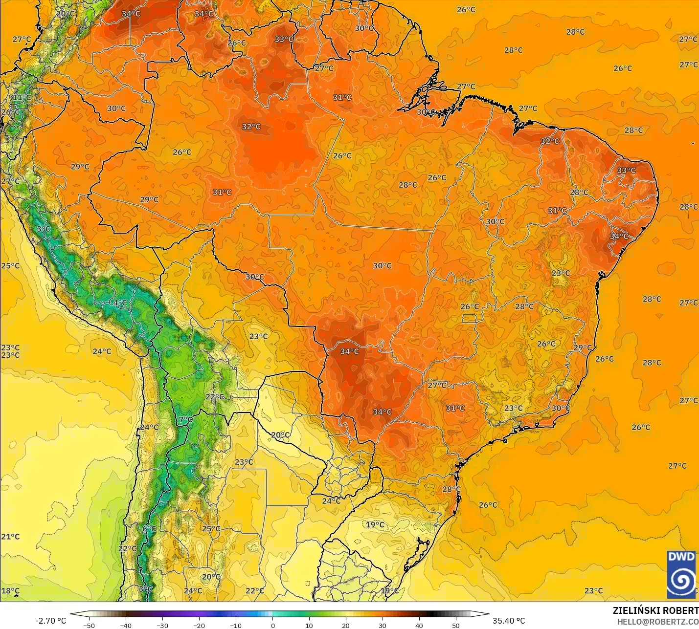 ICON model - Brazil, Temperature at 2m