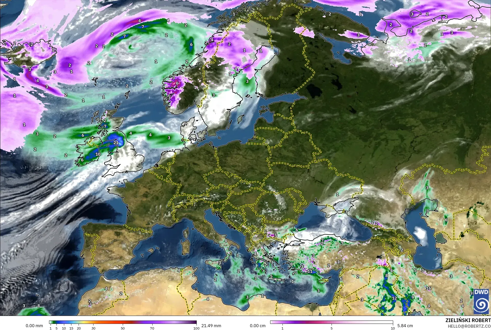ICON model - Europe, Precipitation, Clouds, and Pressure