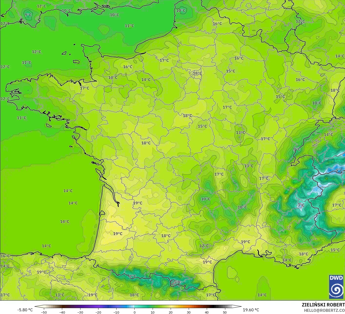 ICON model - France, Temperature at 2m