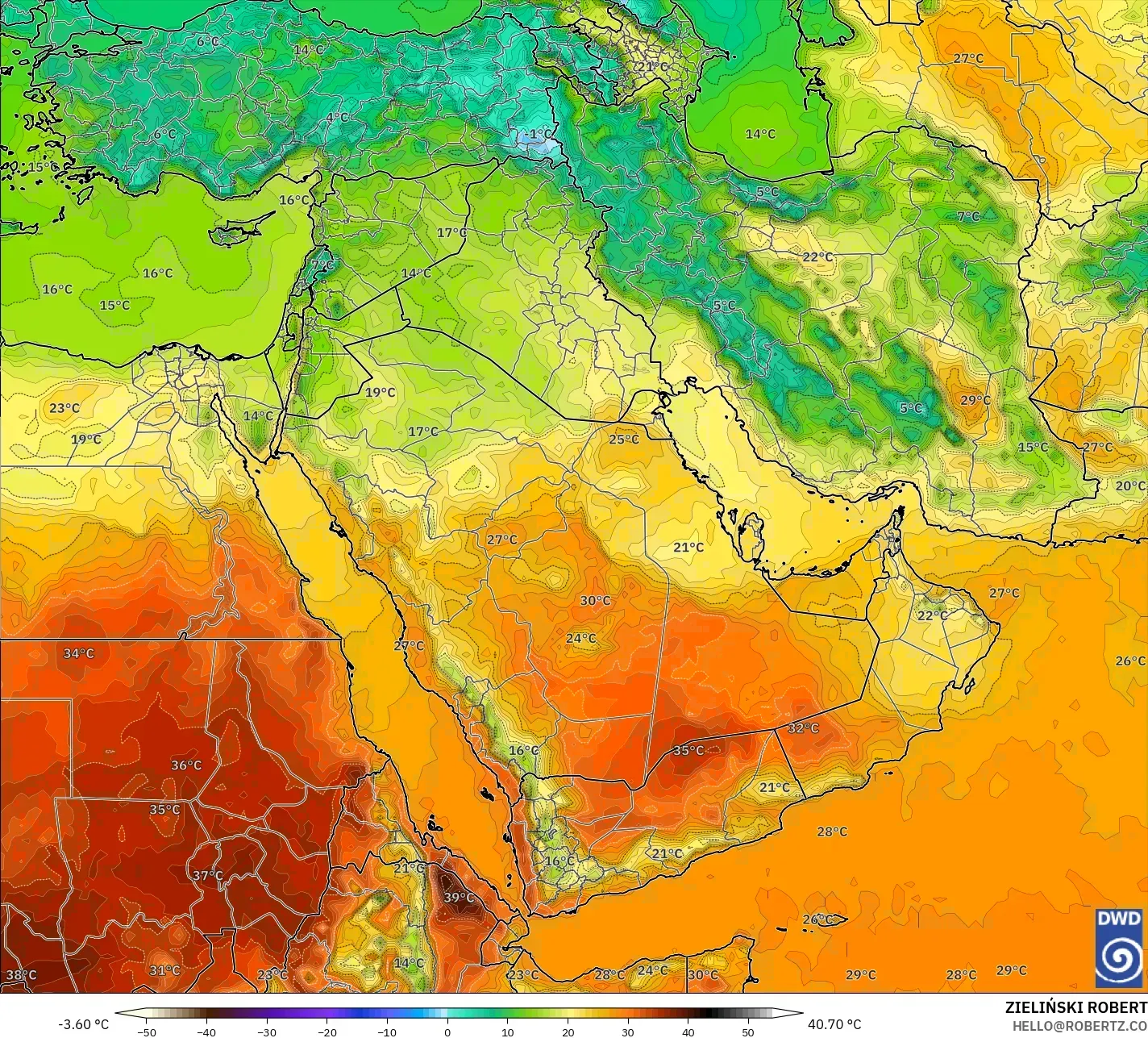 ICON model - Middle East, Temperature at 2m