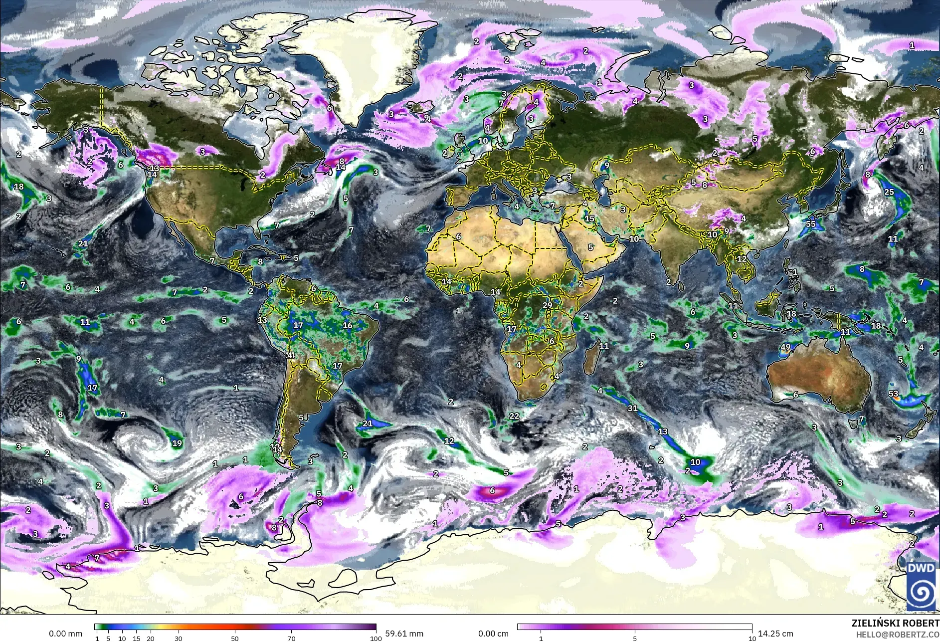 ICON model - World, Precipitation, Clouds, and Pressure