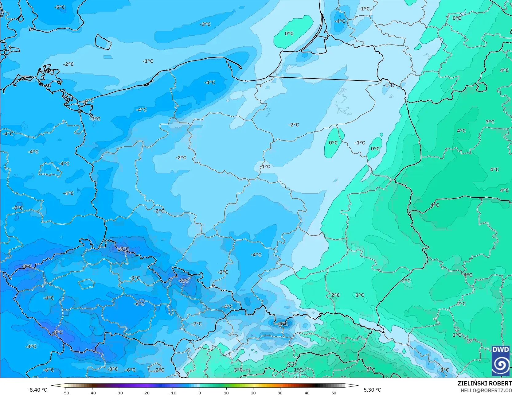 ICON model - Poland, Temperature at 850hPa