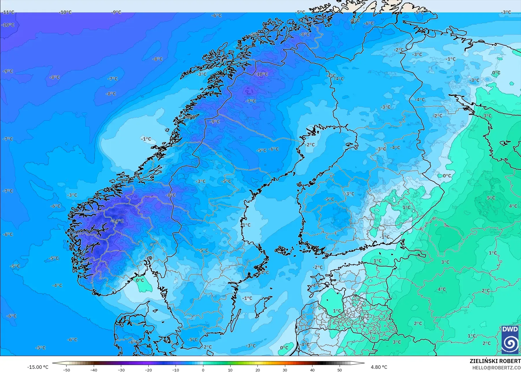 ICON model - Scandinavia, Temperature at 850hPa
