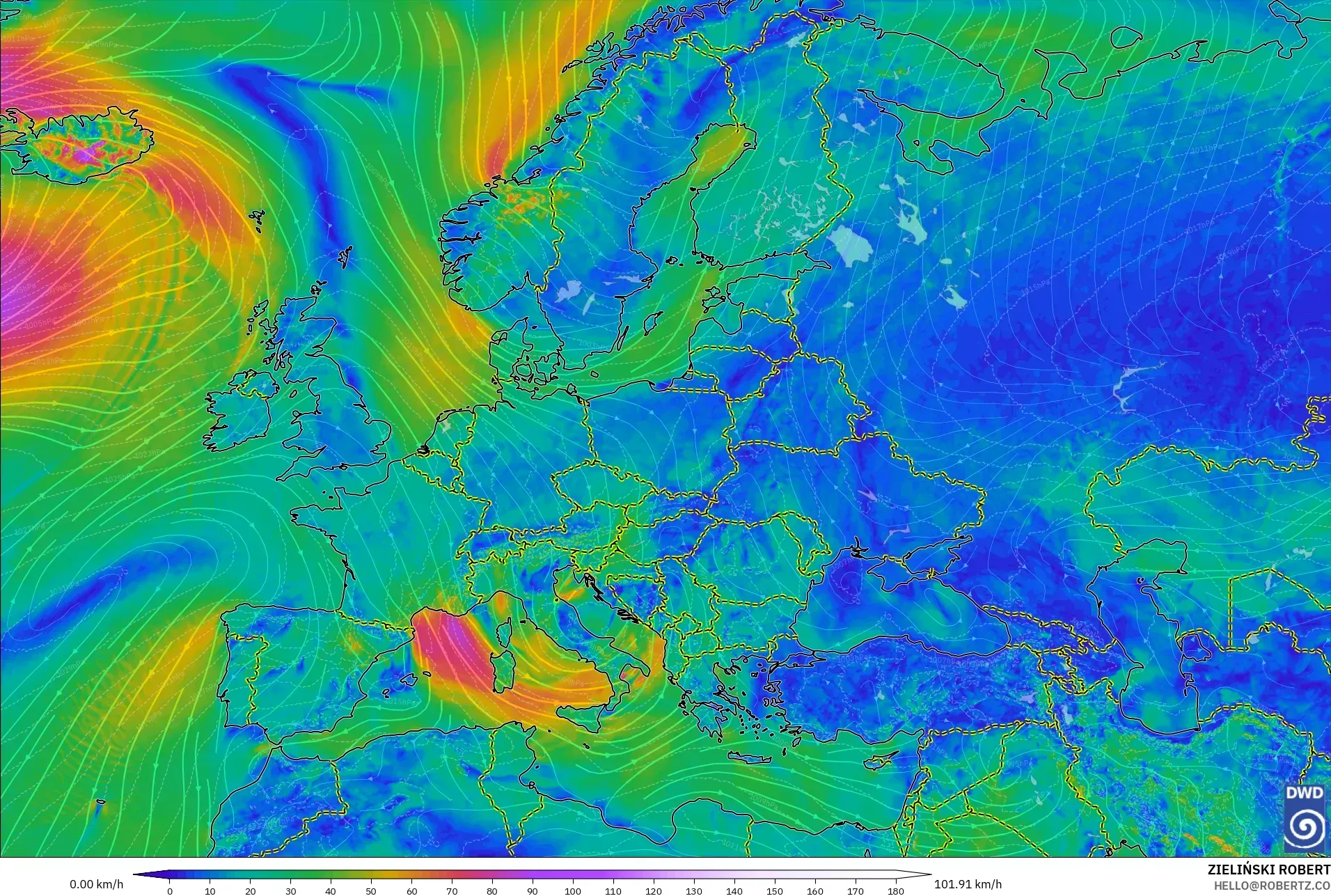 ICON model - Europe, Wind at 10m