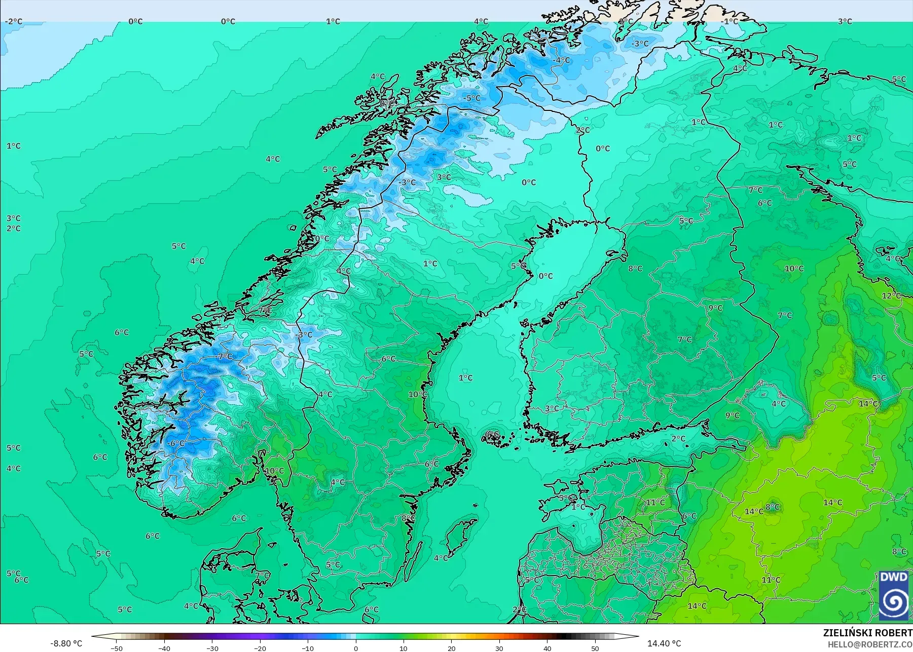 ICON model - Scandinavia, Temperature at 2m