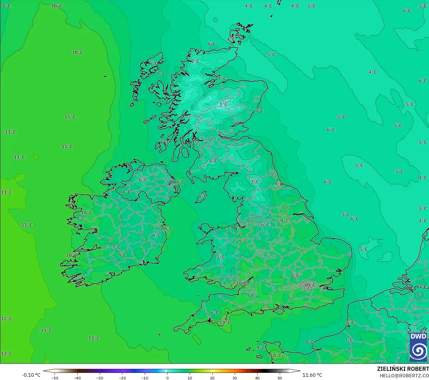 ICON model - United Kingdom, Temperature at 2m
