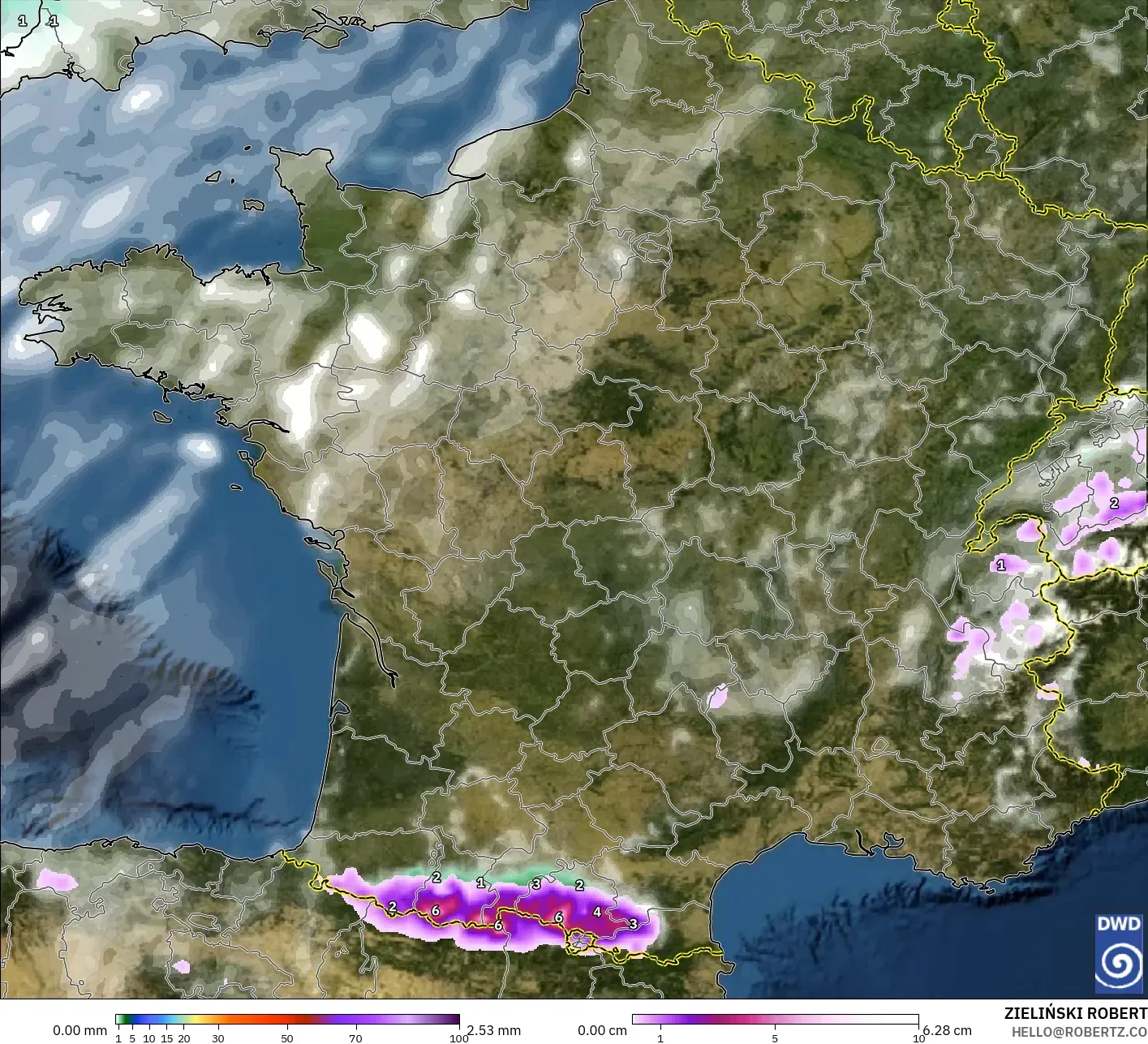 ICON model - France, Precipitation, Clouds, and Pressure