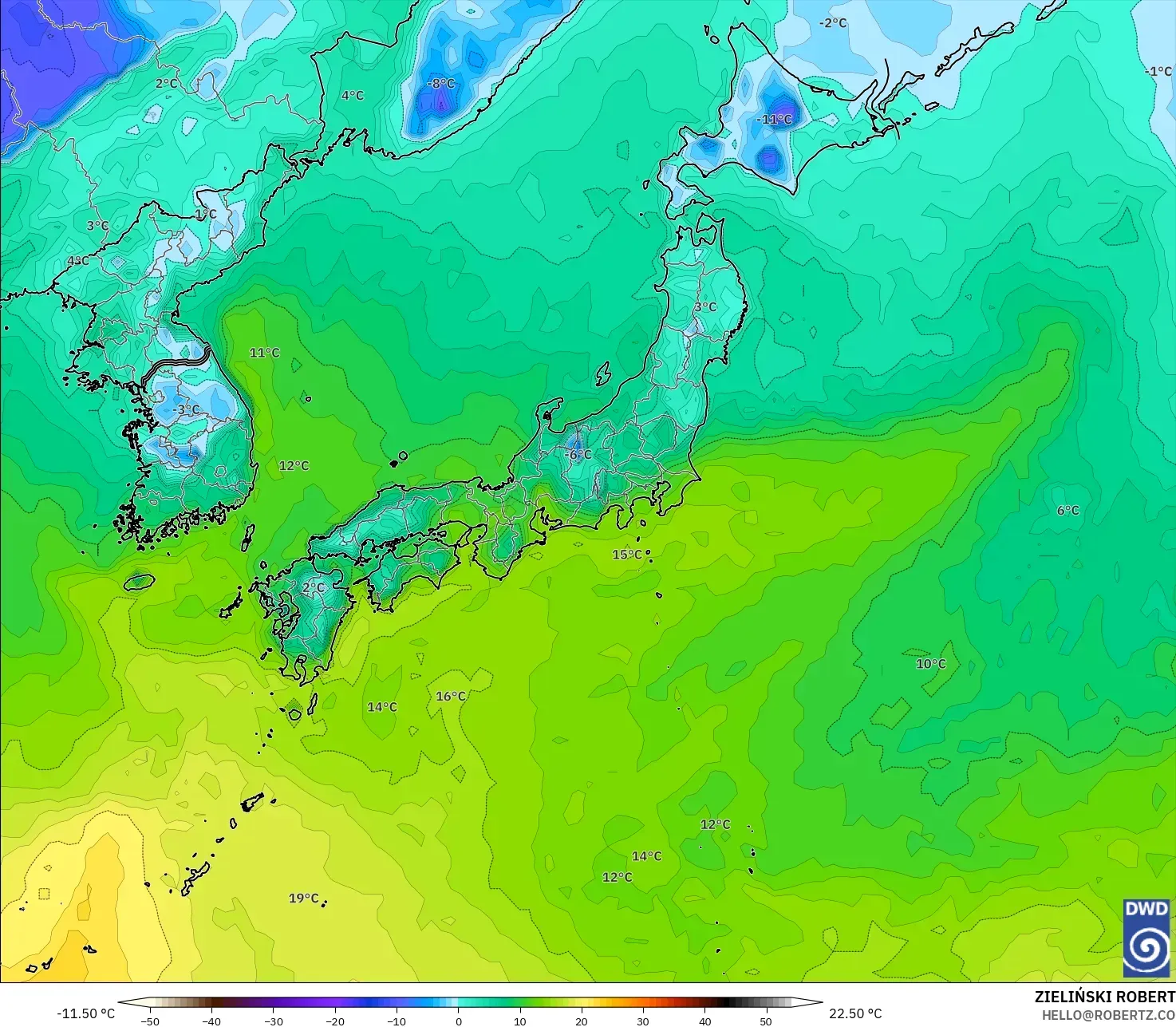ICON model - Japan, Dewpoint at 2m