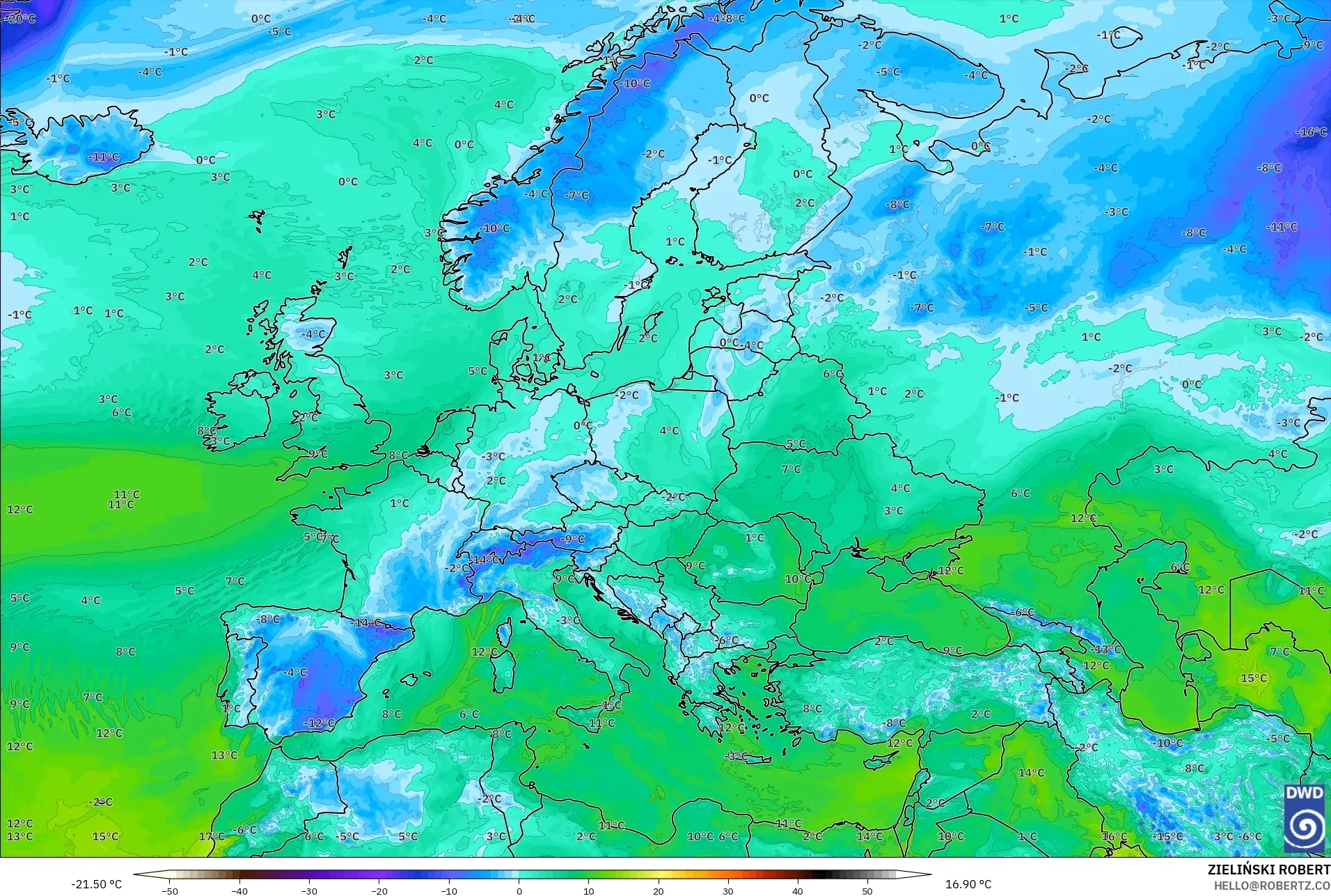 ICON model - Europe, Dewpoint at 2m