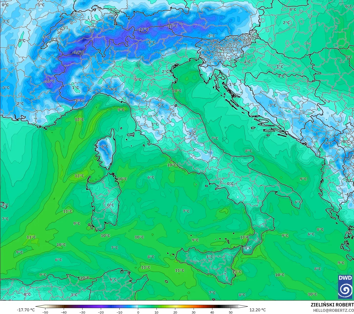 ICON model - Italy, Dewpoint at 2m