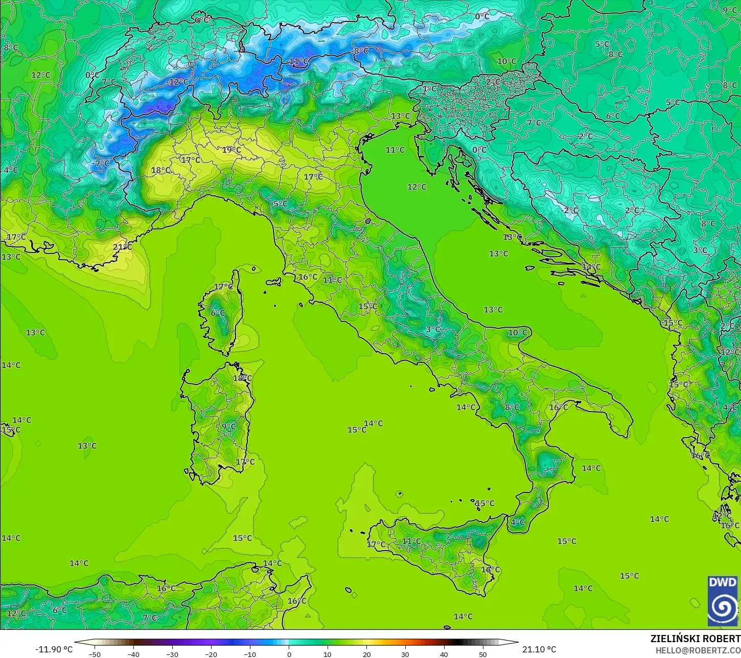 ICON model - Italy, Temperature at 2m