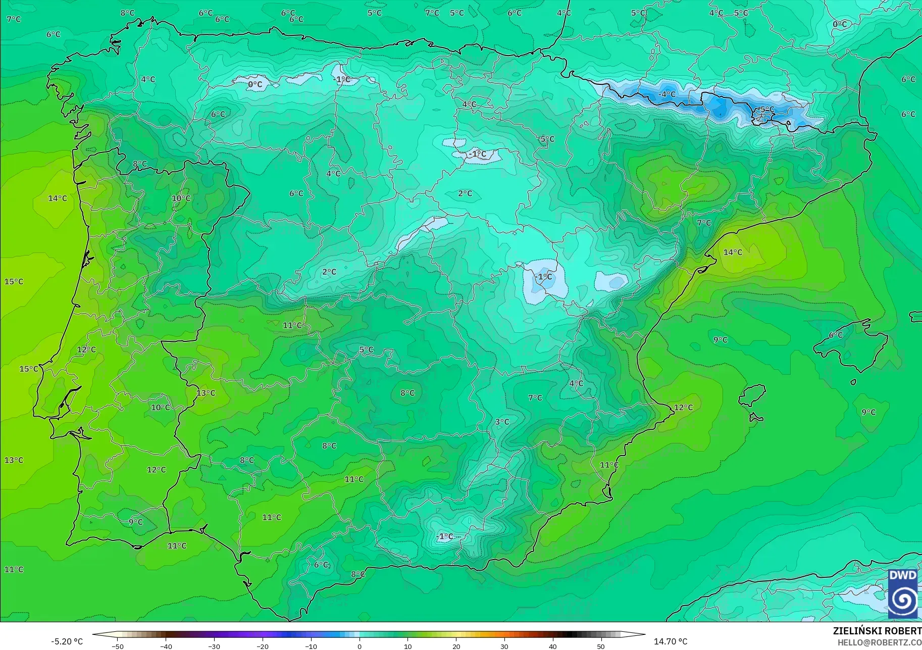 ICON model - Spain, Temperature at 850hPa