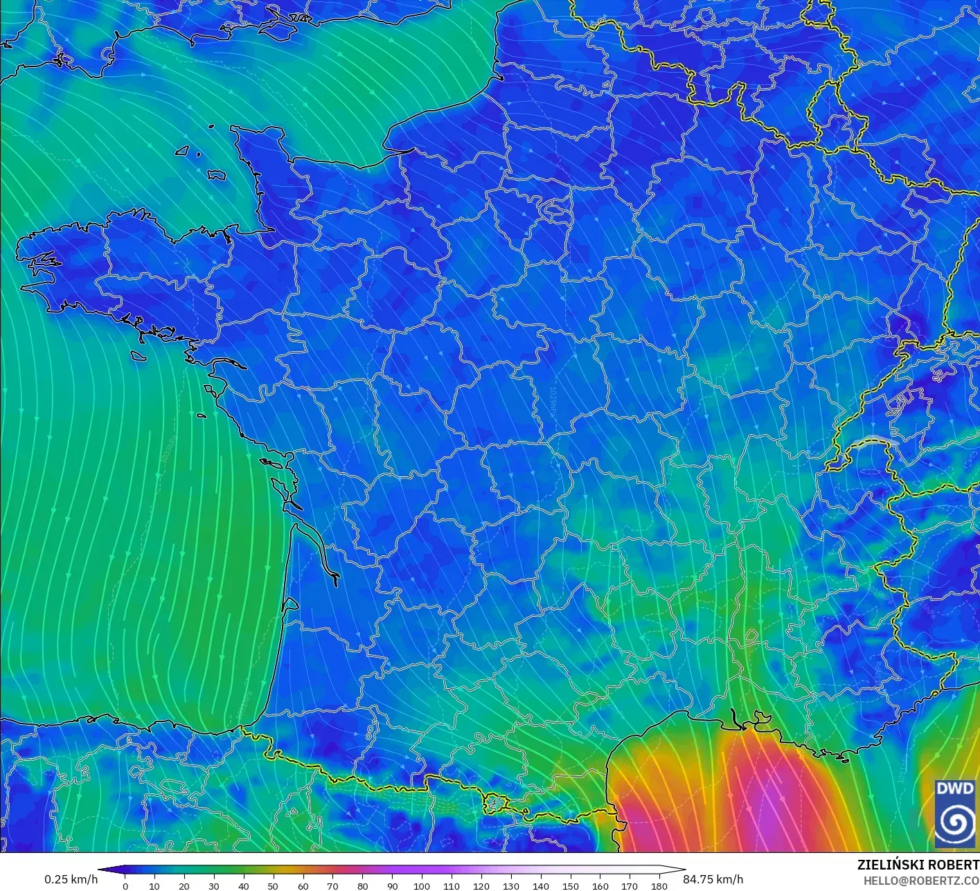 ICON model - France, Wind at 10m