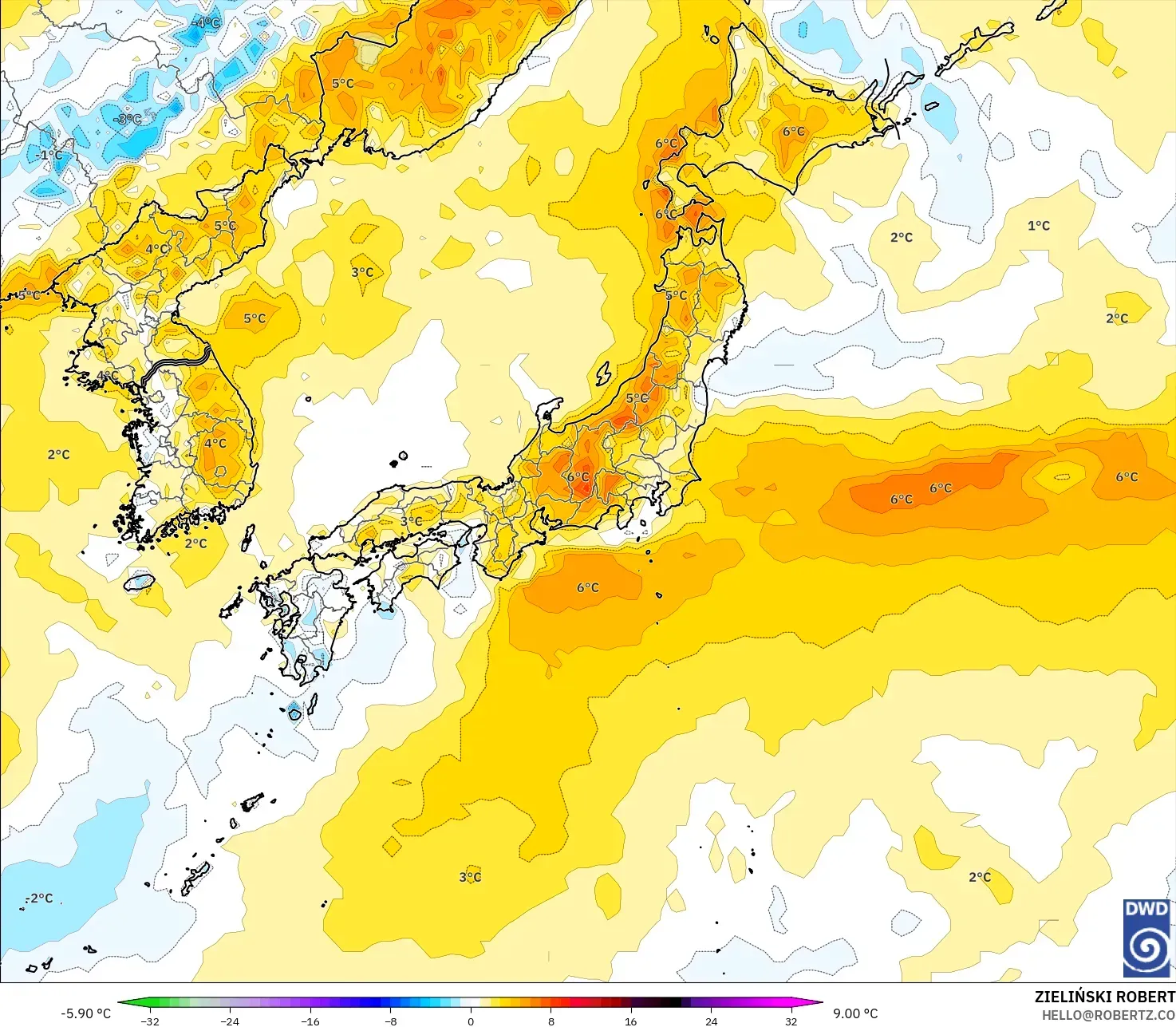 ICON model - Japan, Temperature at 2m Anomaly