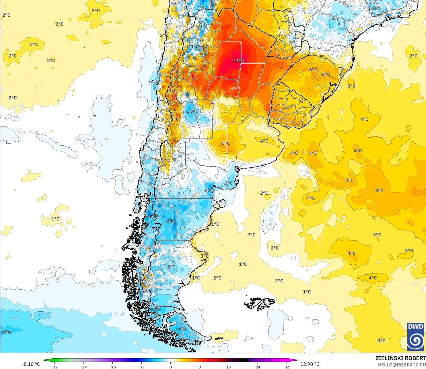 ICON model - Argentina, Temperature at 2m Anomaly