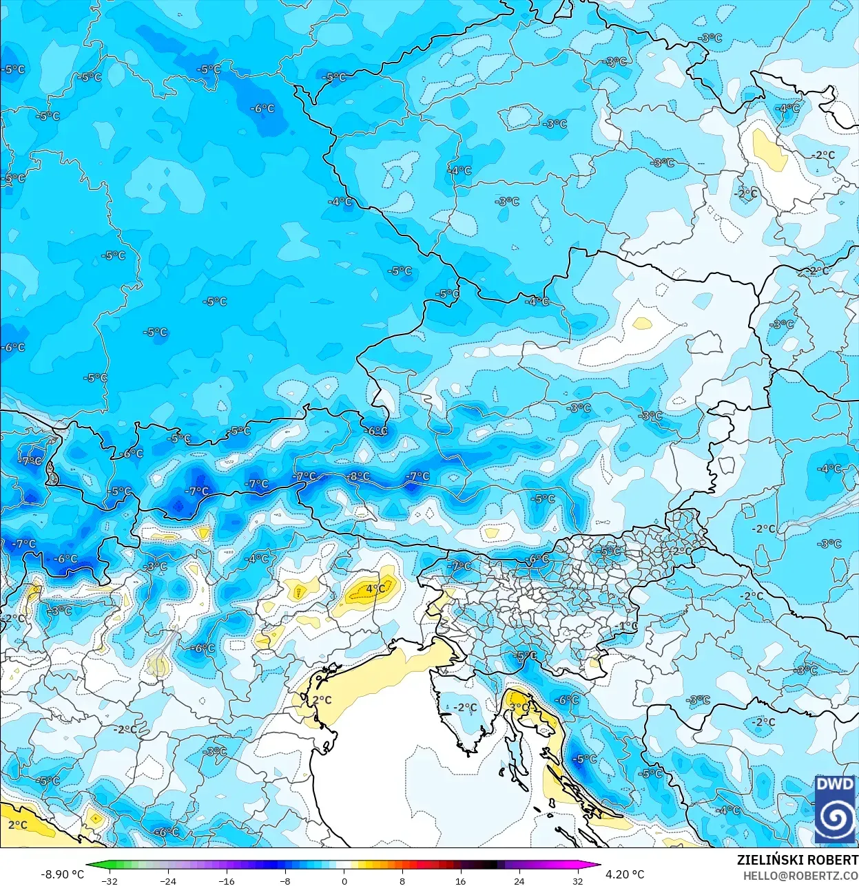 ICON model - Austria, Temperature at 2m Anomaly