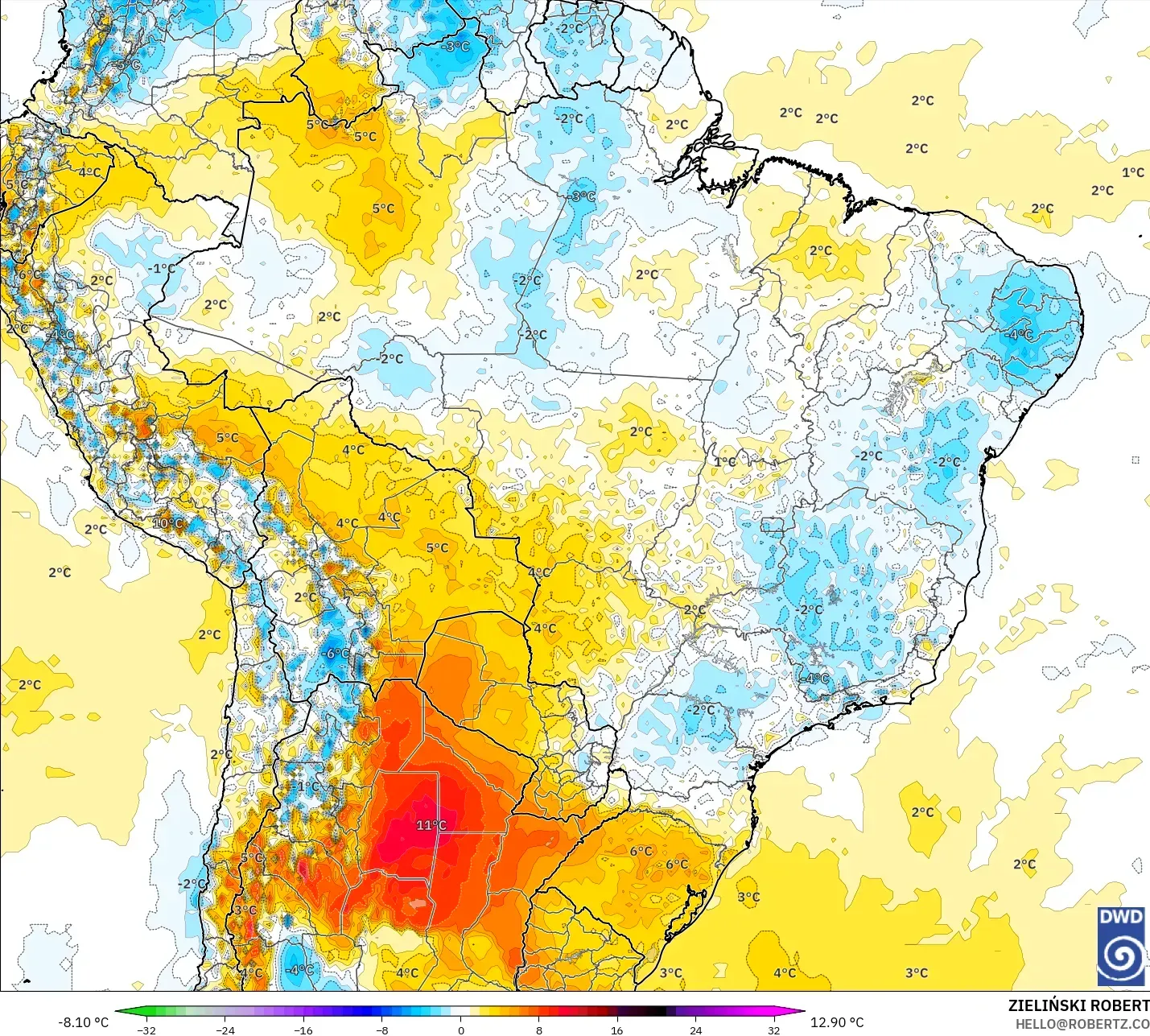 ICON model - Brazil, Temperature at 2m Anomaly