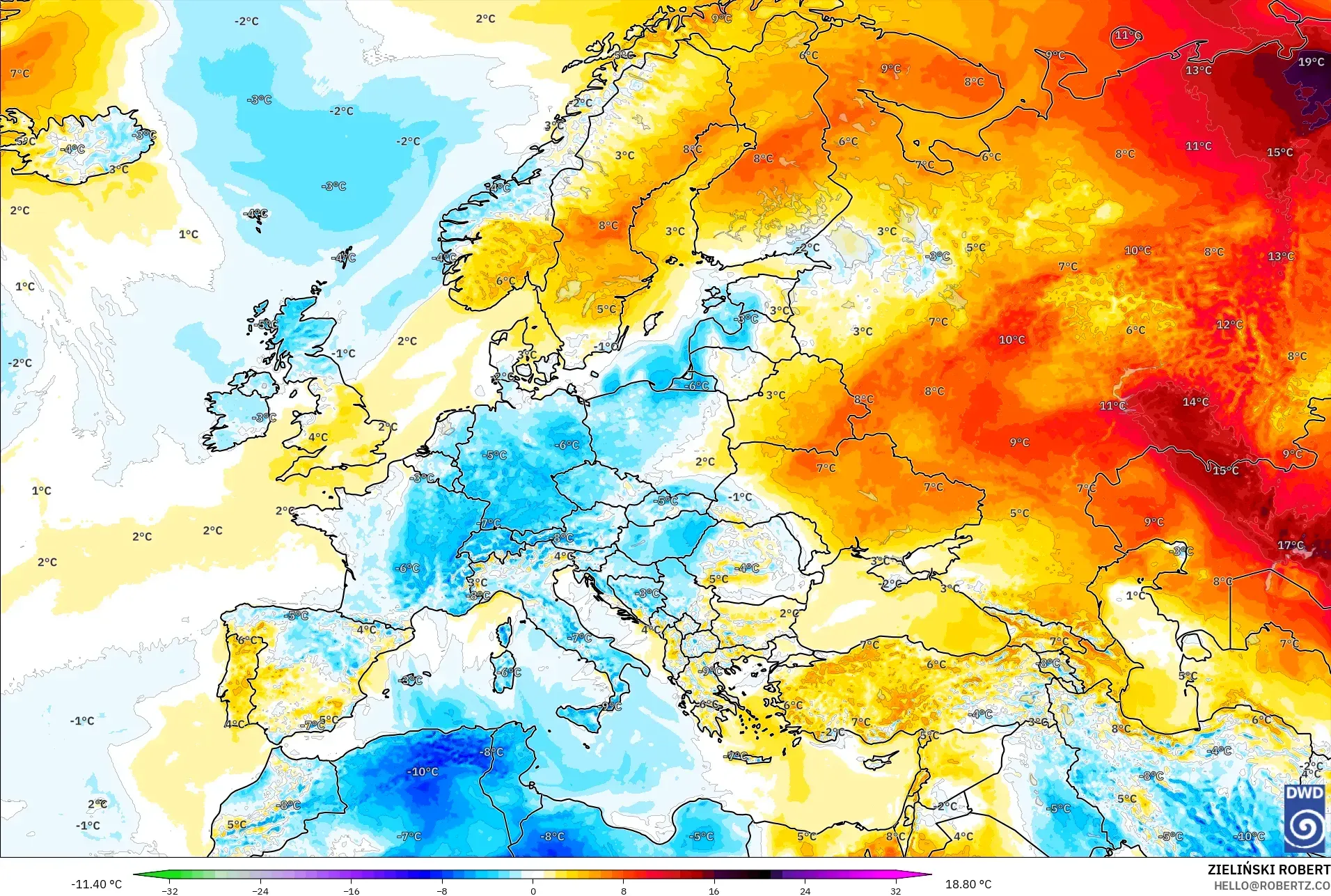 ICON model - Europe, Temperature at 2m Anomaly
