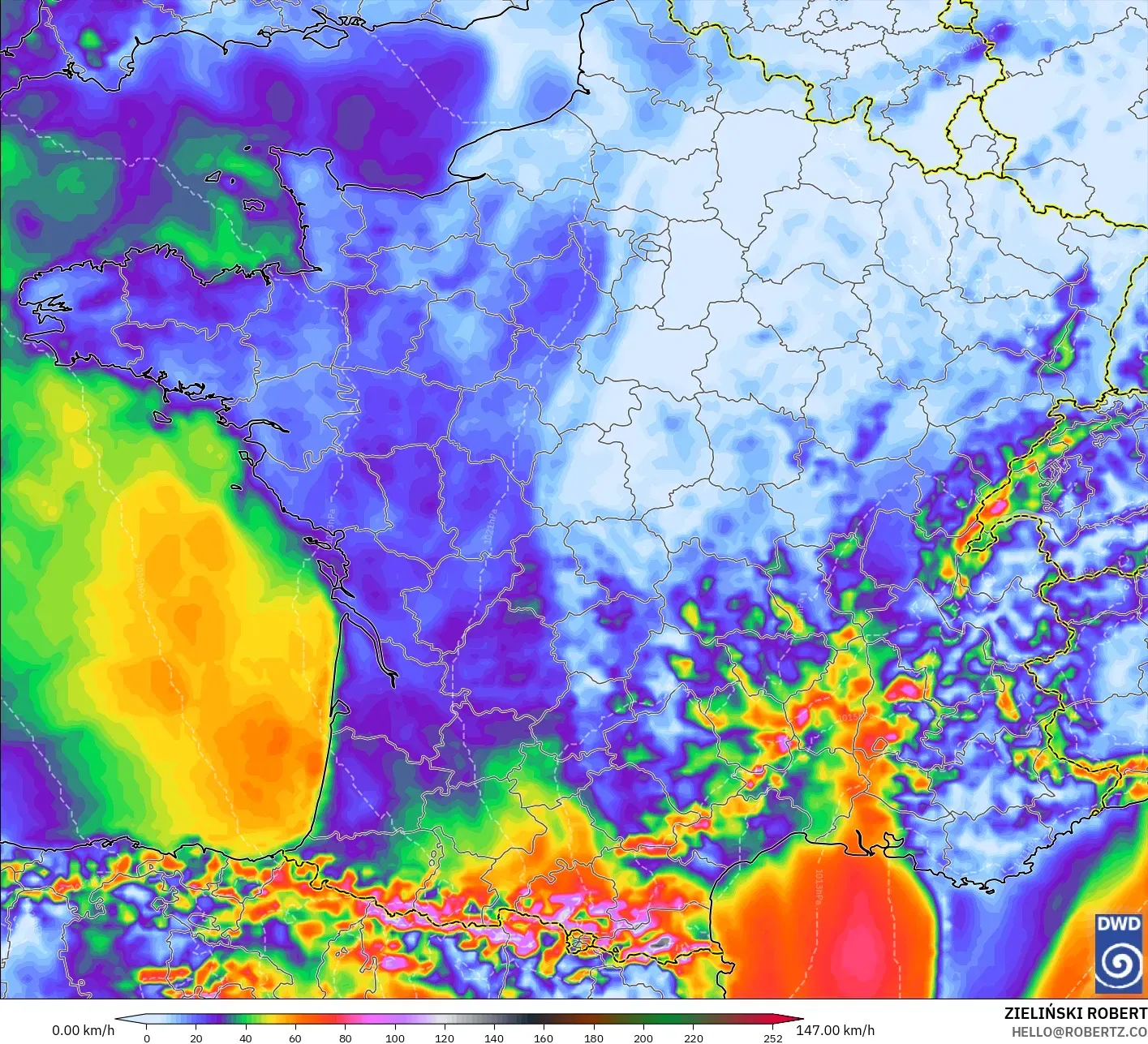 ICON model - France, Wind Gusts Peak