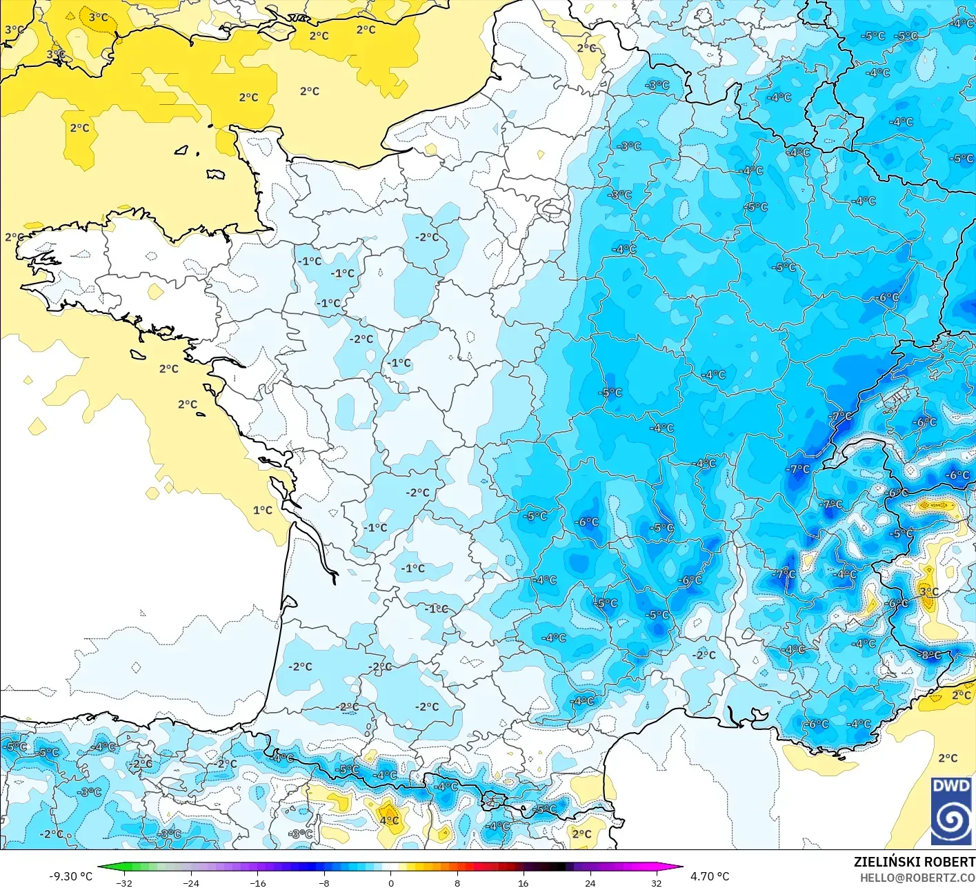 ICON model - France, Temperature at 2m Anomaly