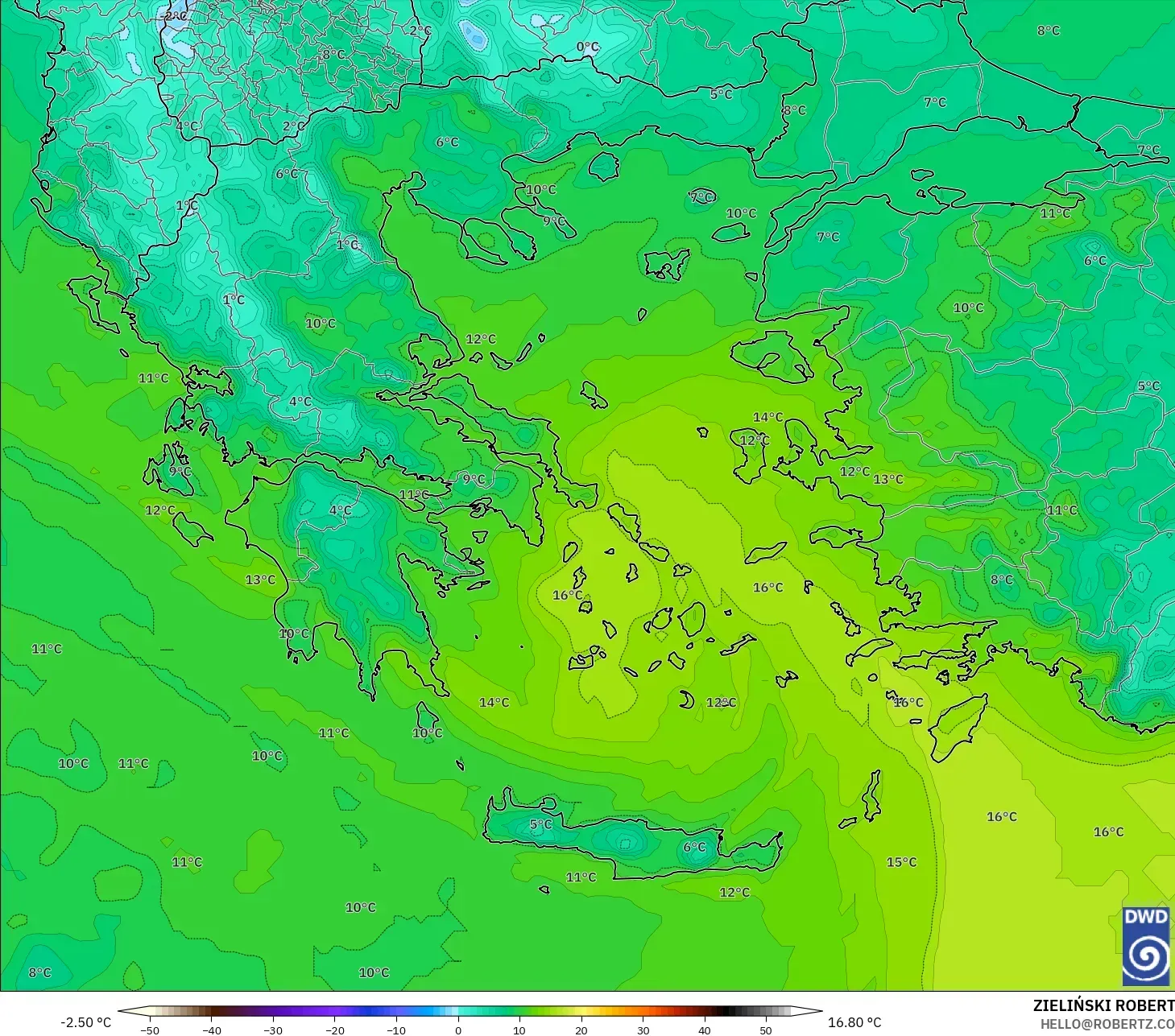 ICON model - Greece, Dewpoint at 2m