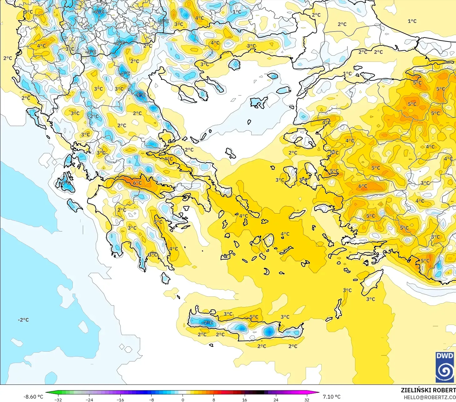 ICON model - Greece, Temperature at 2m Anomaly