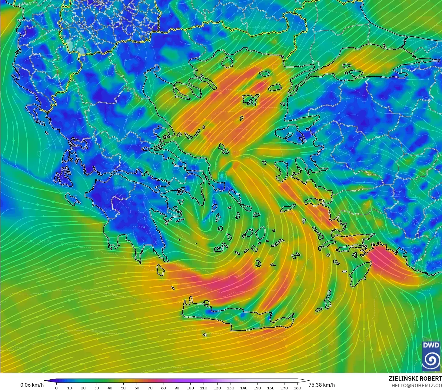 ICON model - Greece, Wind at 10m