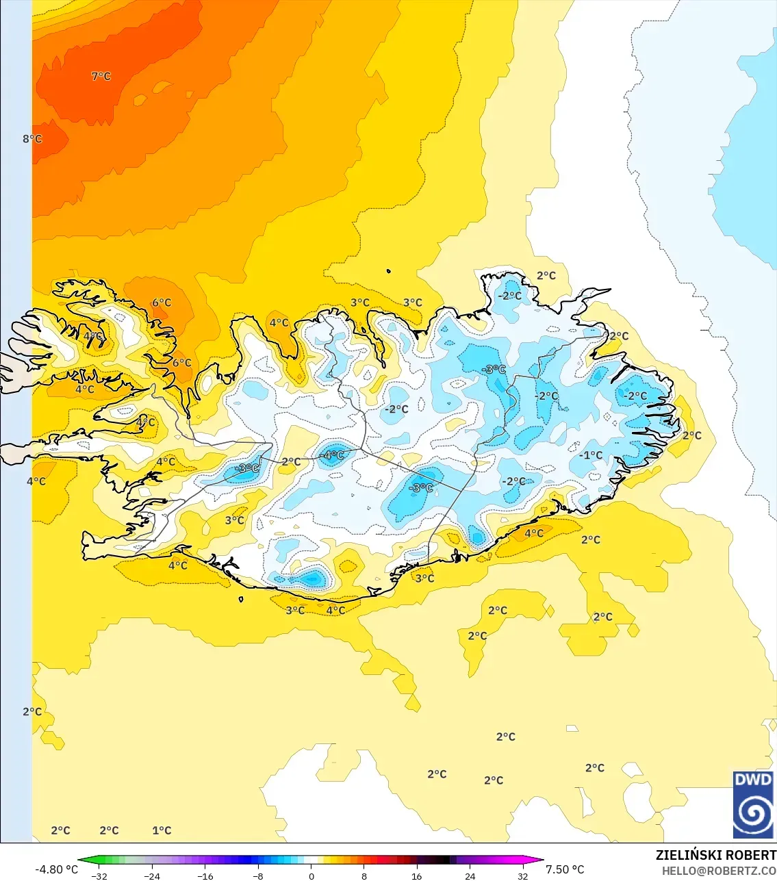 ICON model - Iceland, Temperature at 2m Anomaly