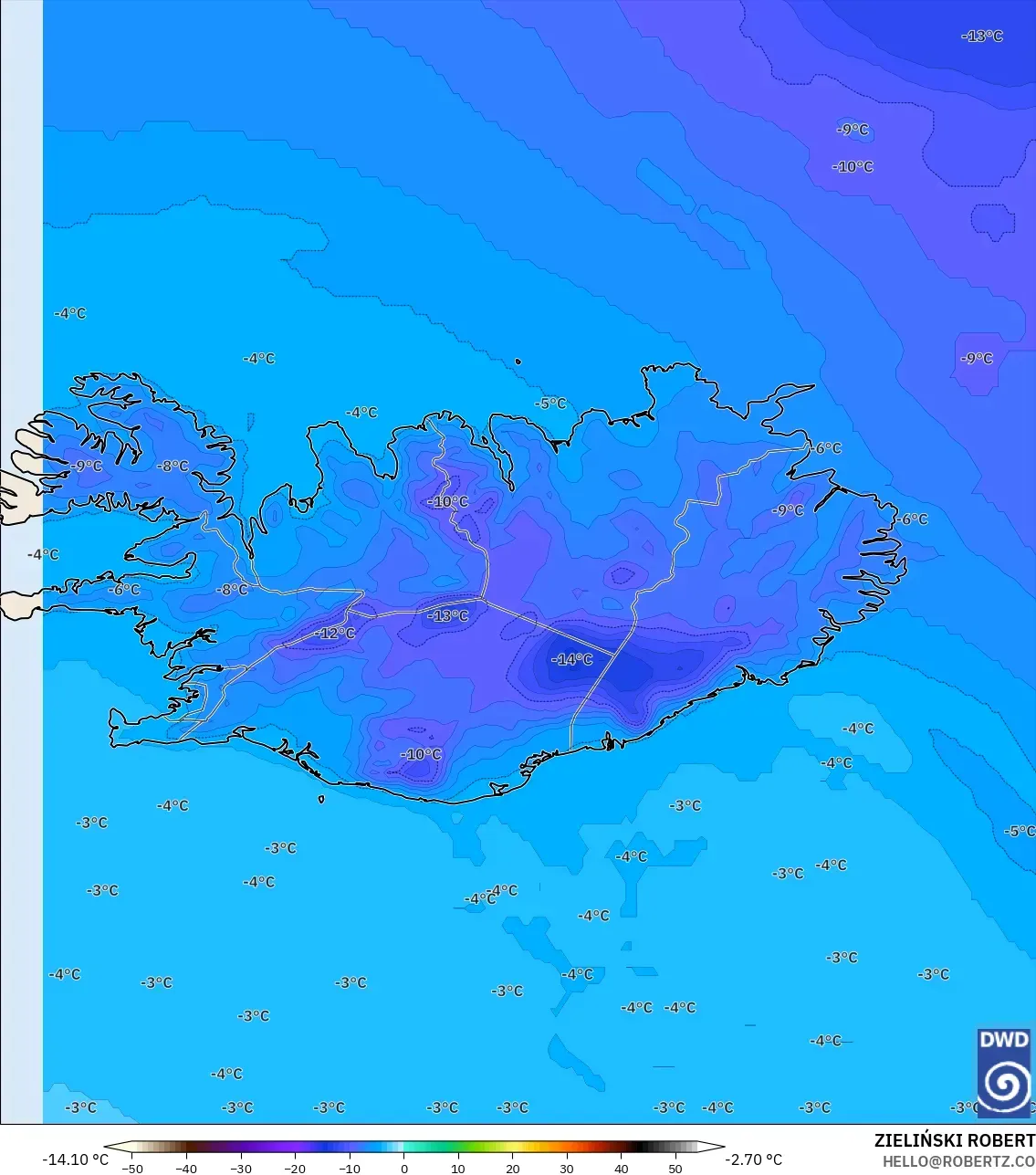 ICON model - Iceland, Temperature at 850hPa