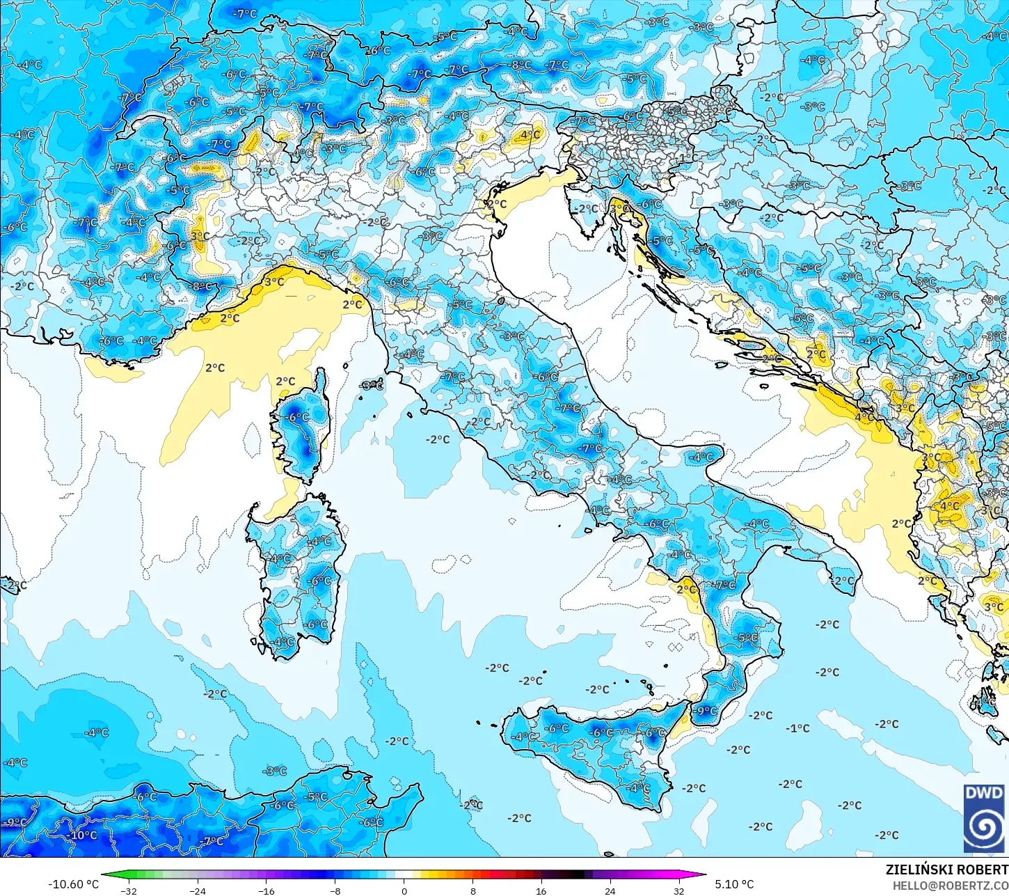 ICON model - Italy, Temperature at 2m Anomaly