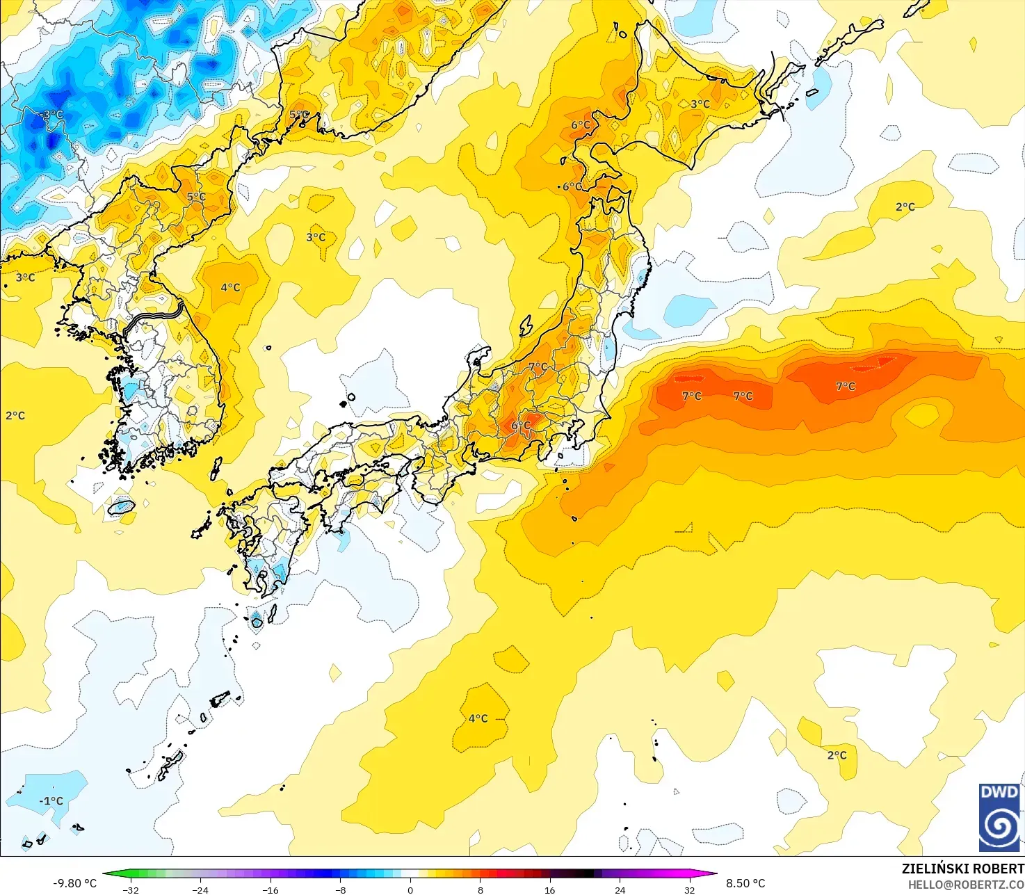 ICON model - Japan, Temperature at 2m Anomaly