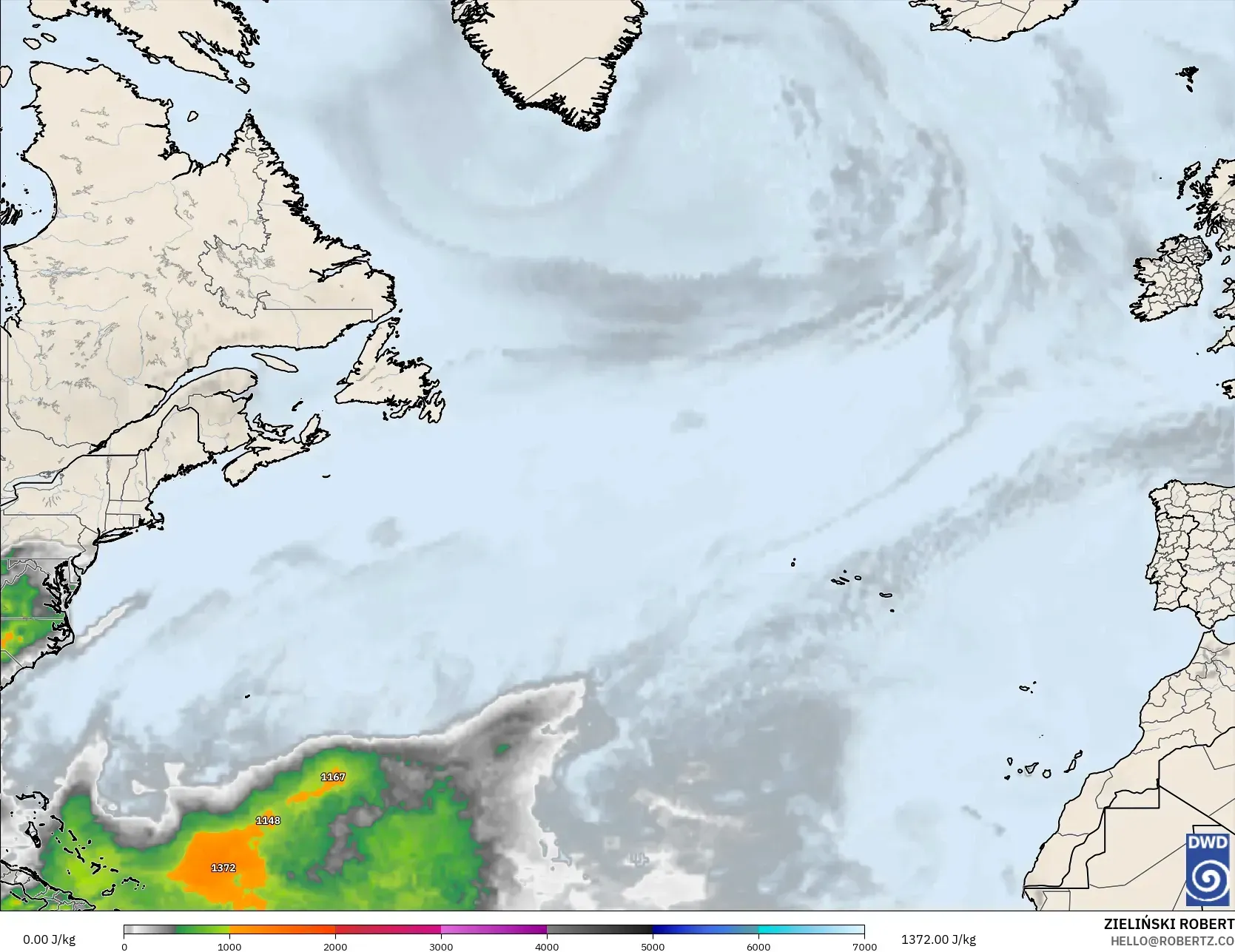 ICON model - North Atlantic, CAPE