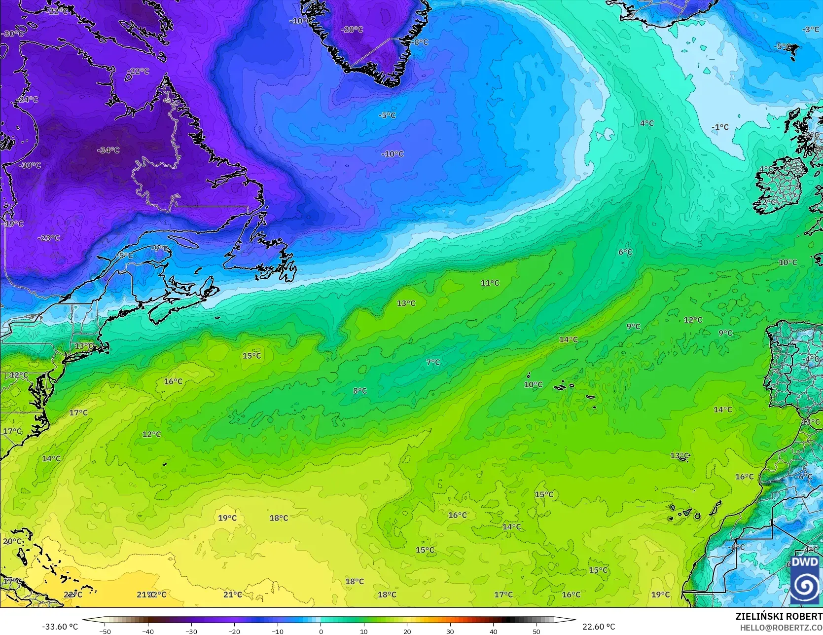 ICON model - North Atlantic, Dewpoint at 2m