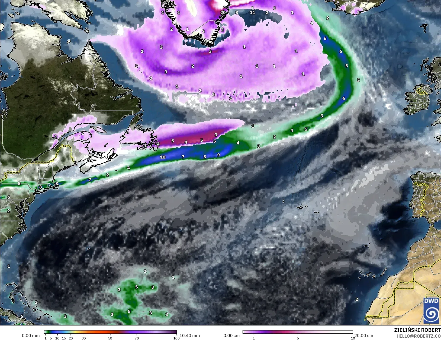 ICON model - North Atlantic, Precipitation, Clouds, and Pressure