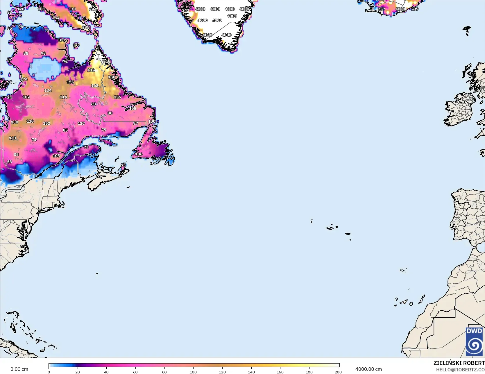 ICON model - North Atlantic, Snow Depth