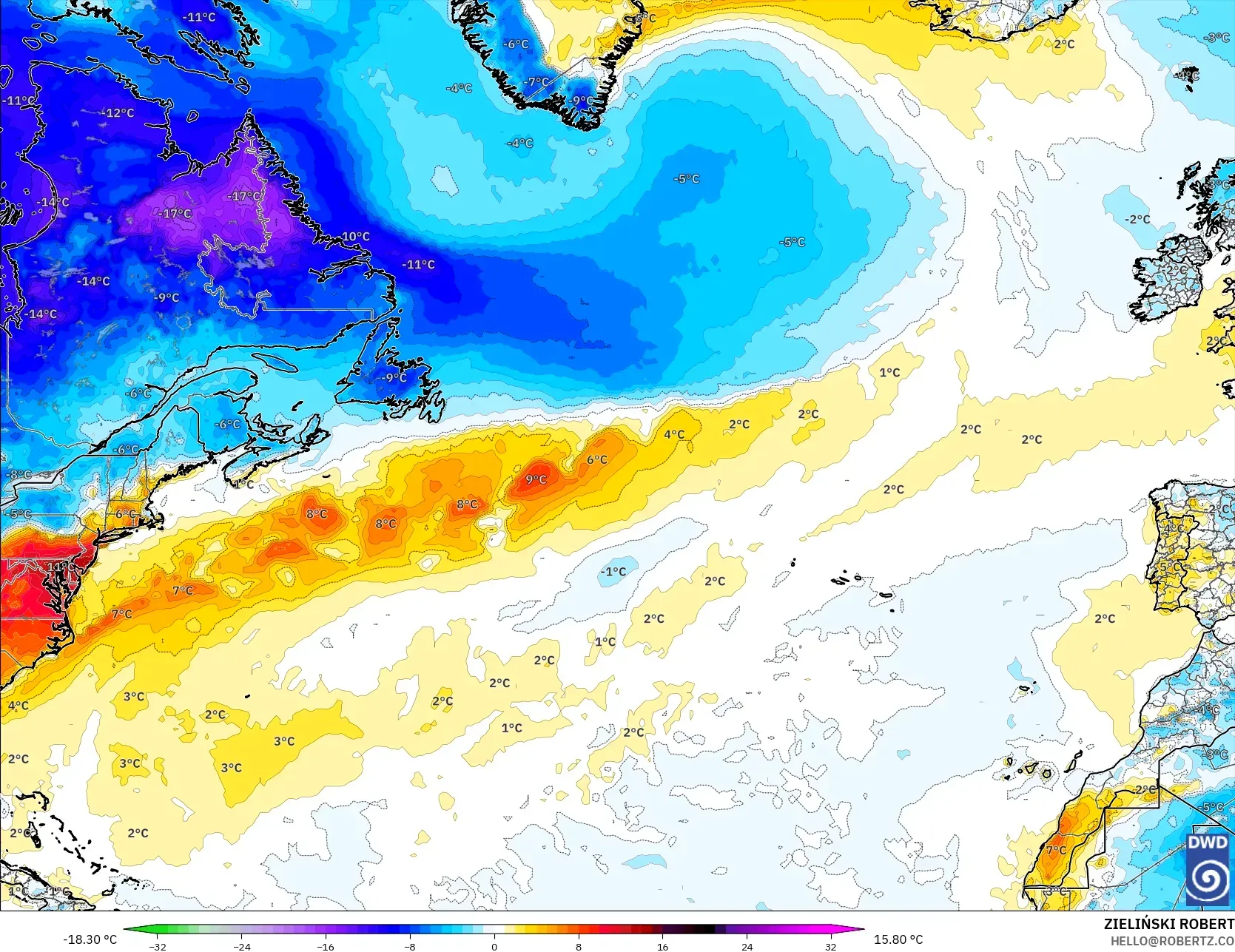ICON model - North Atlantic, Temperature at 2m Anomaly