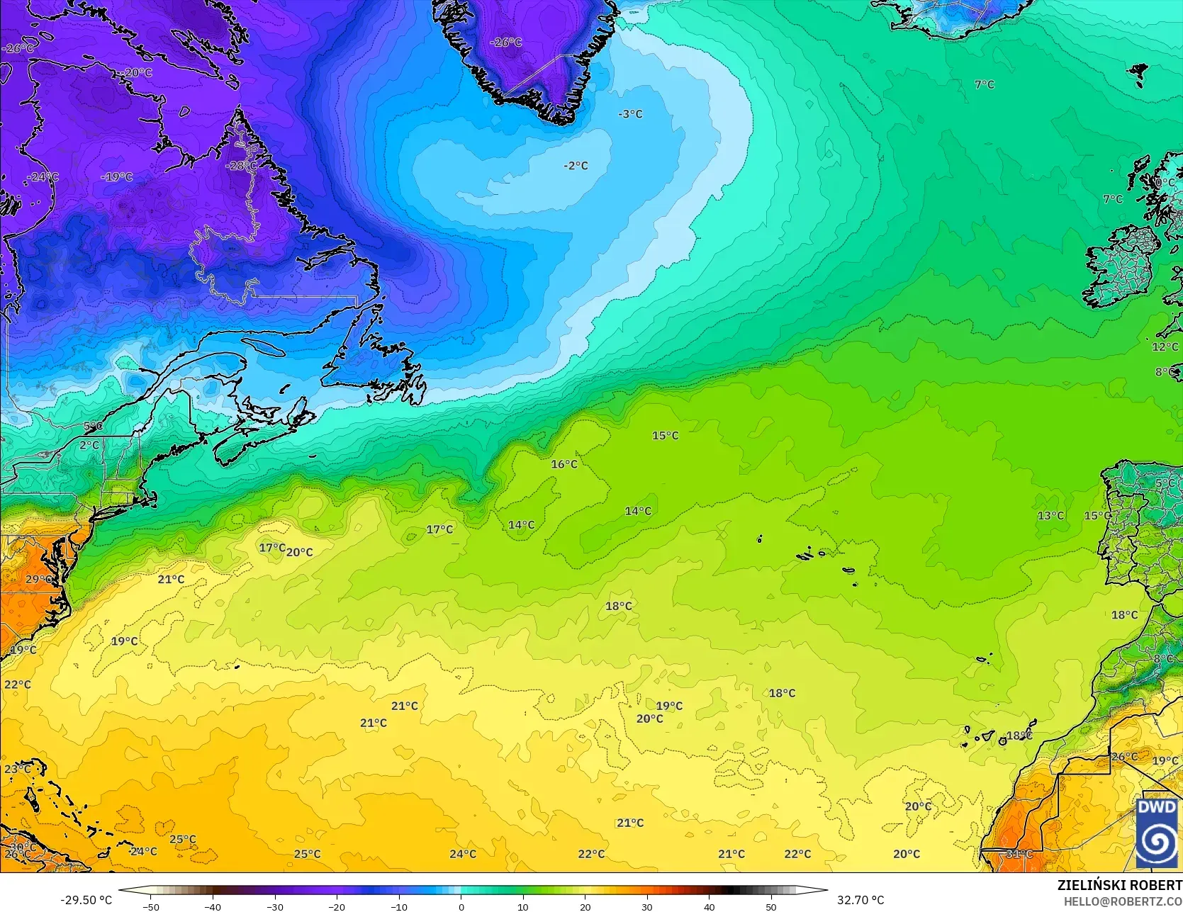 ICON model - North Atlantic, Temperature at 2m