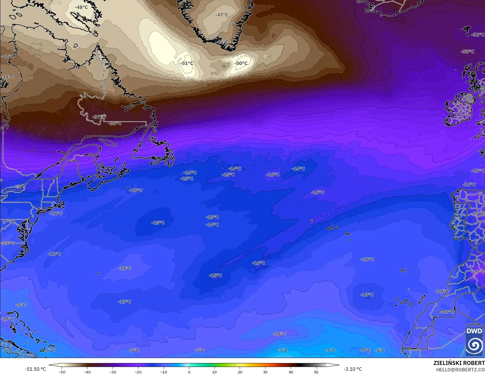 ICON model - North Atlantic, Temperature at 500hPa