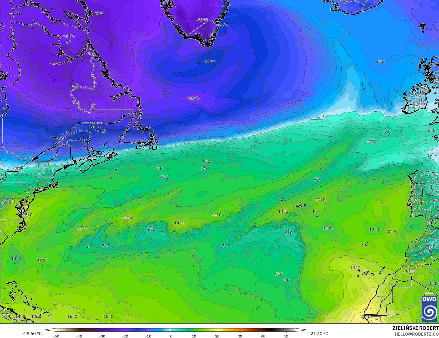 ICON model - North Atlantic, Temperature at 850hPa