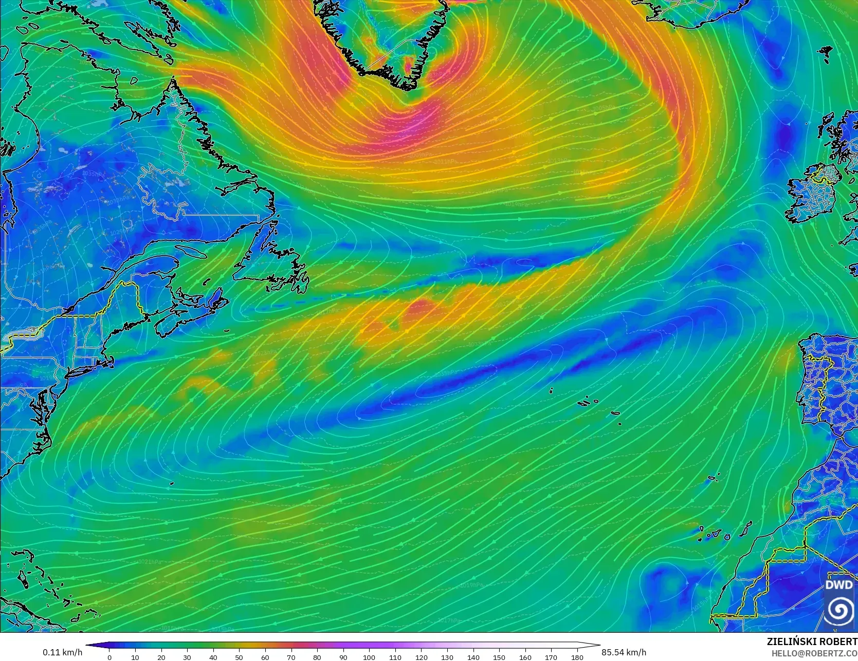 ICON model - North Atlantic, Wind at 10m