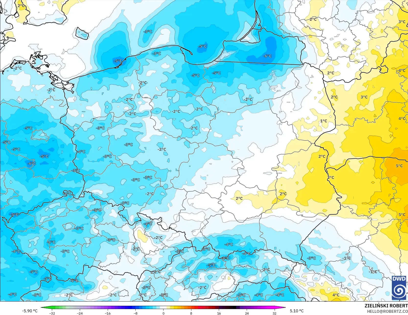 ICON model - Poland, Temperature at 2m Anomaly