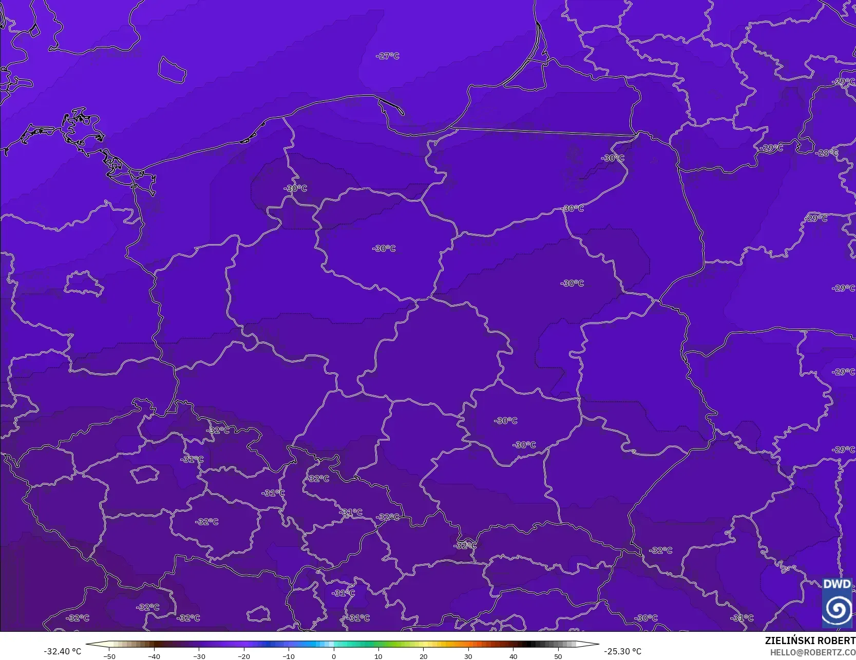 ICON model - Poland, Temperature at 500hPa