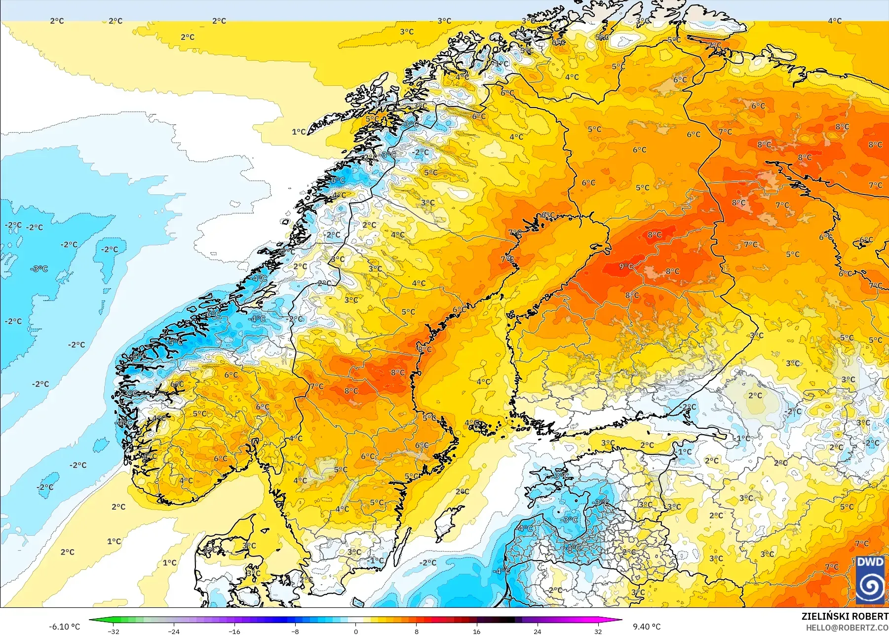 ICON model - Scandinavia, Temperature at 2m Anomaly
