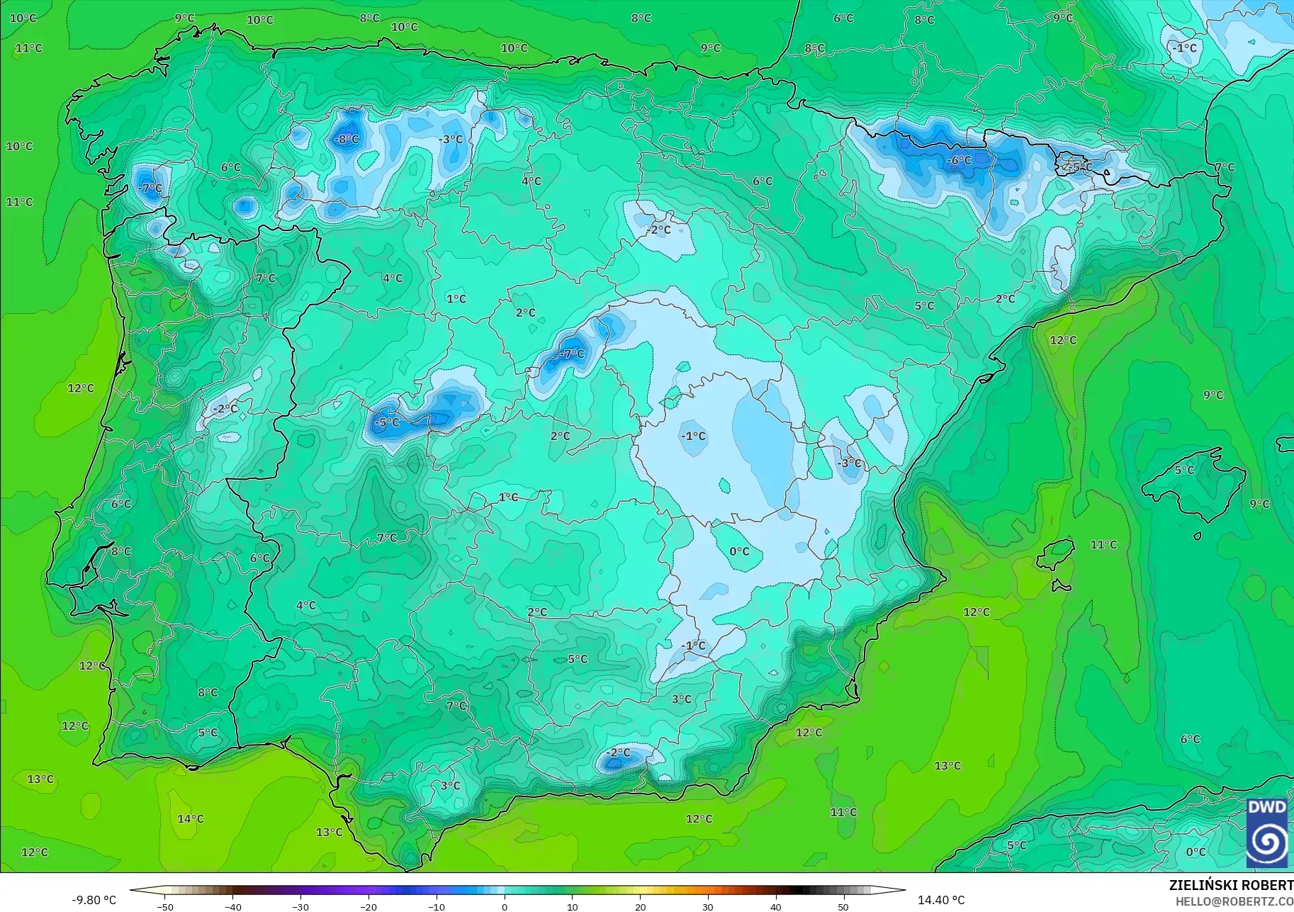 ICON model - Spain, Dewpoint at 2m
