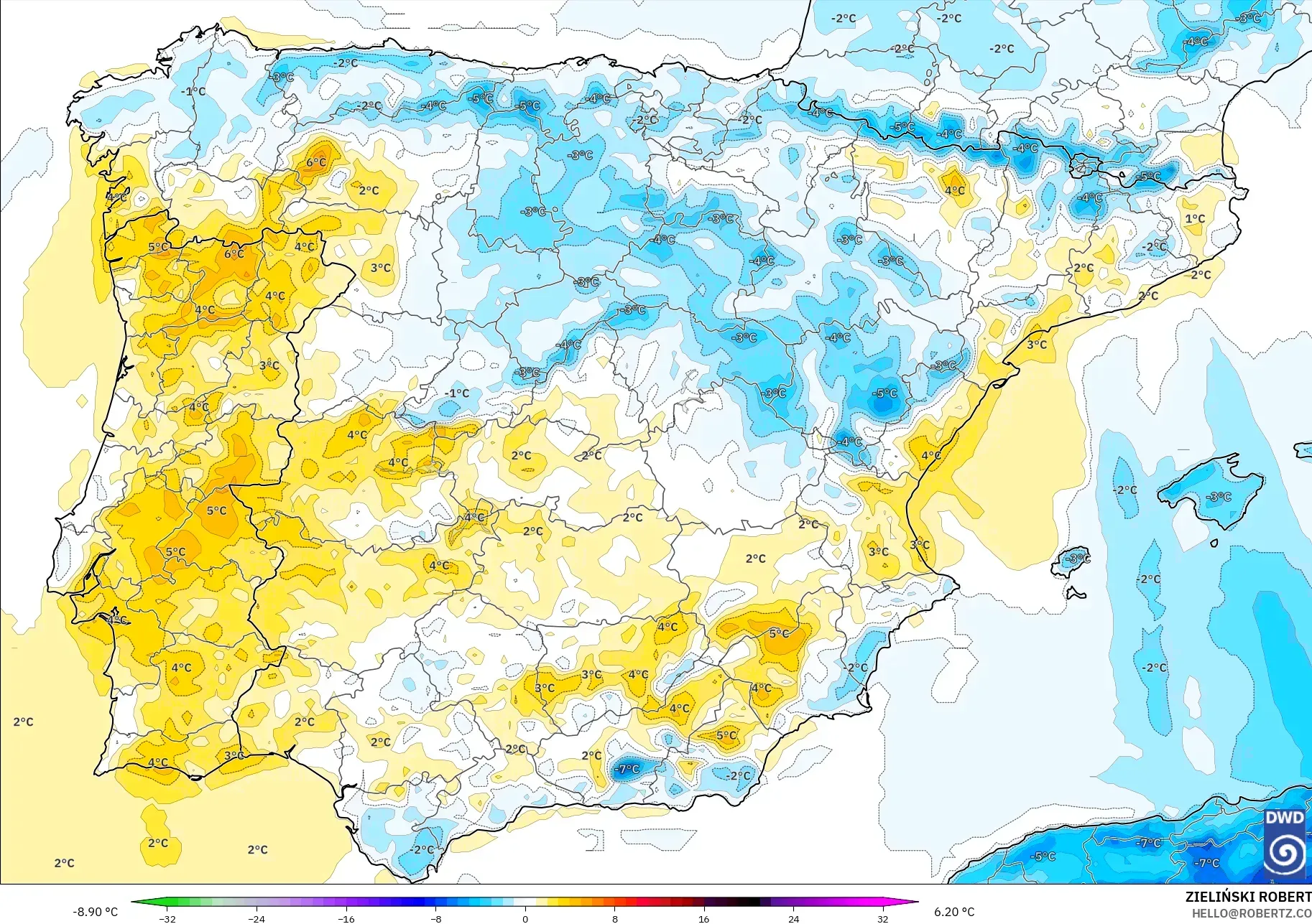 ICON model - Spain, Temperature at 2m Anomaly